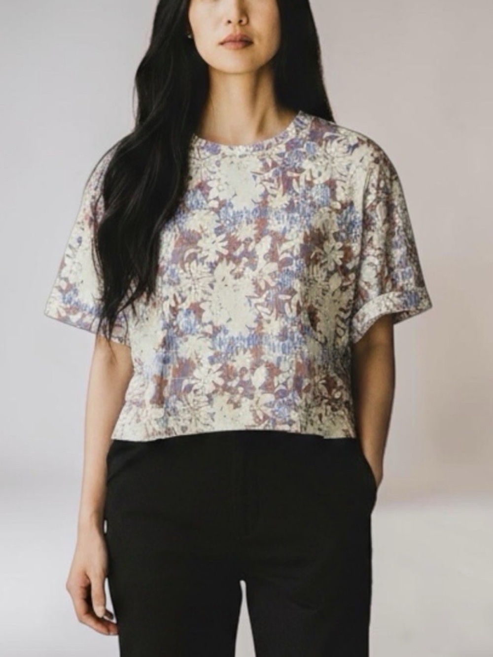 NEW! Wildfang Essential Boxy Crop Top Woodblock Floral Print Pastel Size S